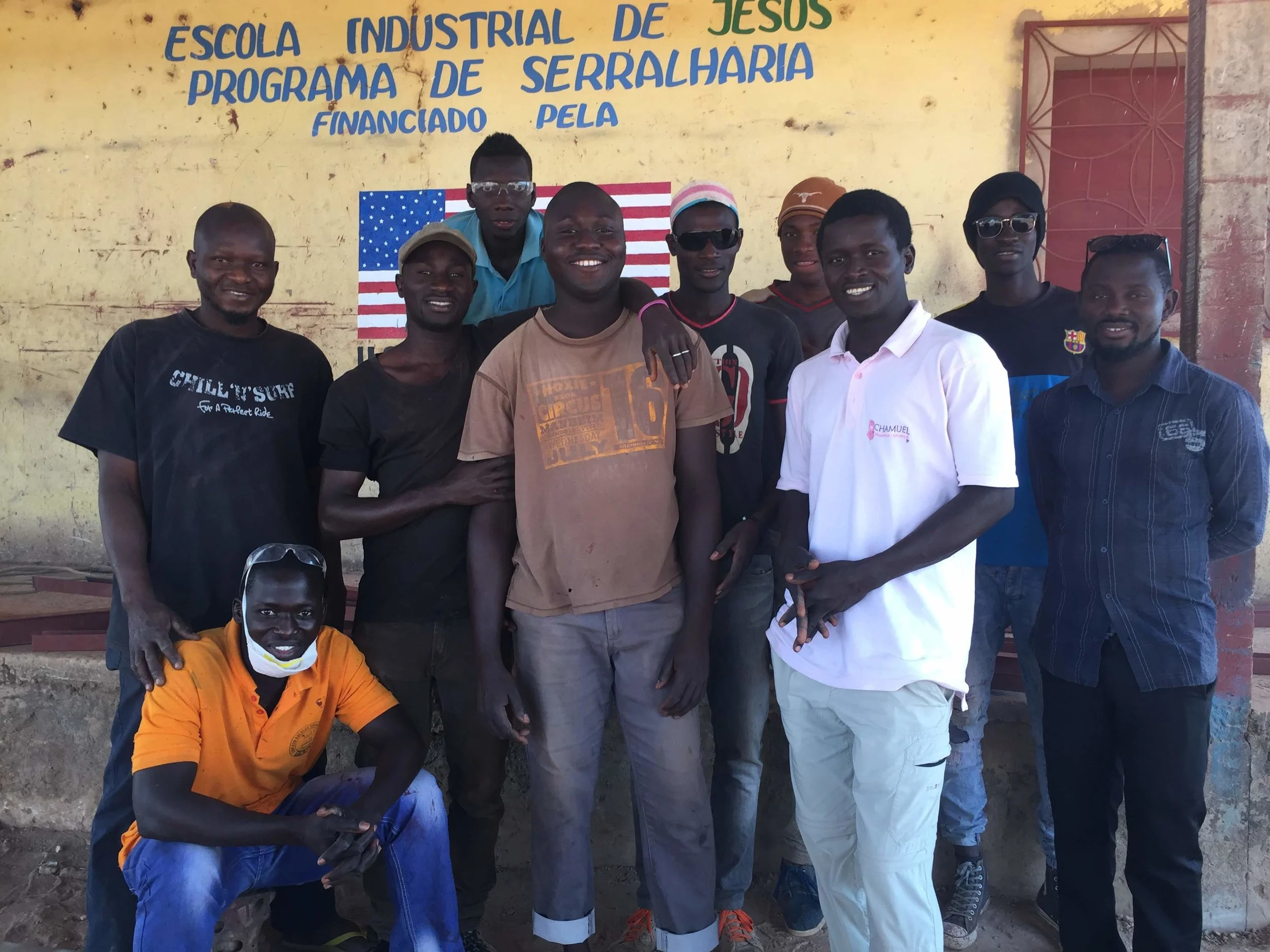 Sergio, standing at the far left, with his classmates at the WAVS Vocational School in Guinea-Bissau, West Africa.