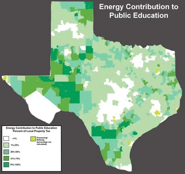 Sixty percent of public school funding in Texas comes from local property taxes. In nearly 80 percent of Texas school districts, those local taxes on oil and gas fields, pipelines and gathering plants total nearly $1.3 billion and fund the equivalent of at least one teacher in each district. In nearly a quarter of our school districts, one out of five local dollars comes from the energy industry. Click on map to find how much revenue energy contributes to your school district.