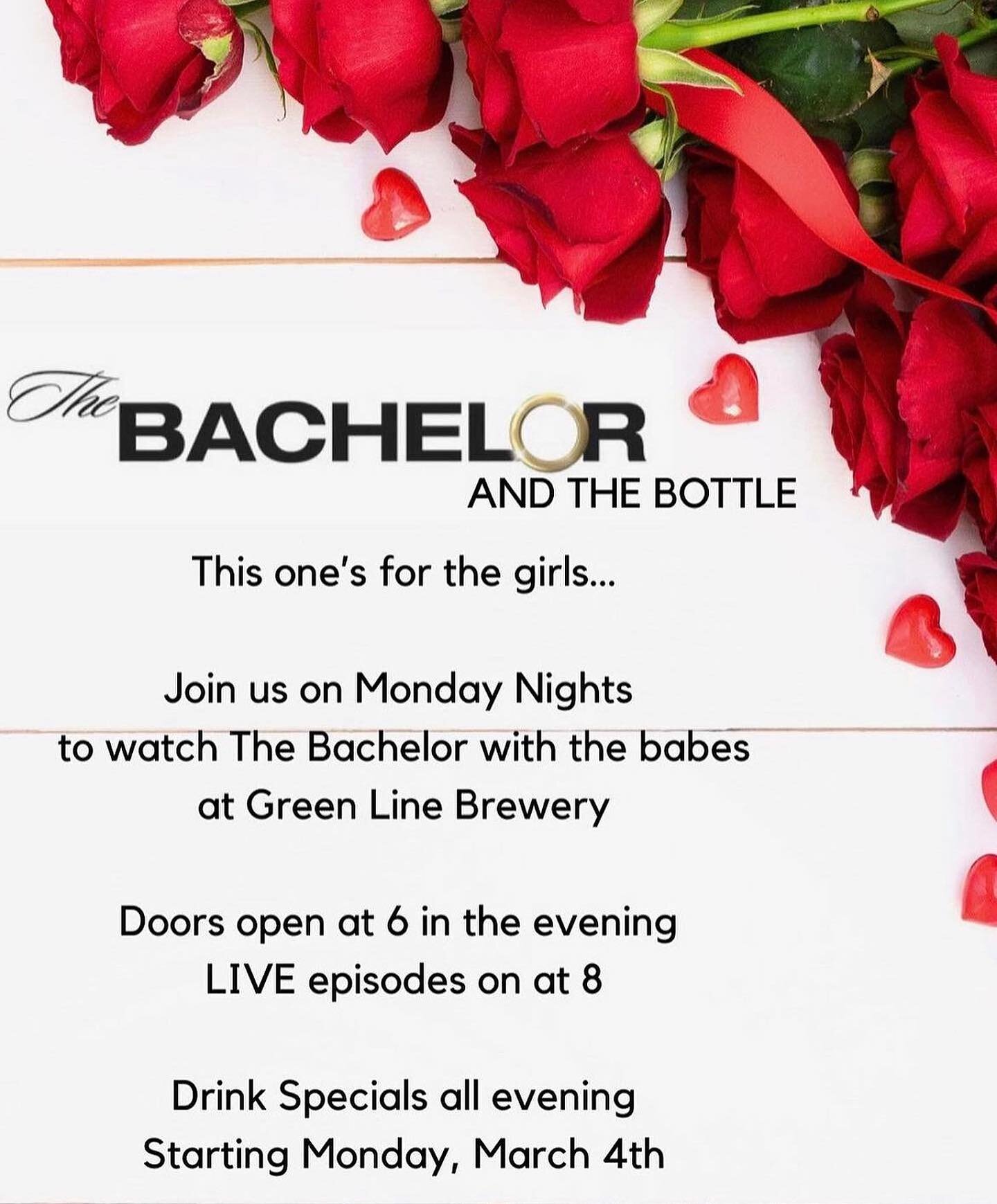 We&rsquo;re back TONIGHT! Ladies night tonight with &ldquo;The Bachelor and The Bottle&rdquo; at Green Line Brewery!🌹🥂 W&rsquo;ve got wine specials, &amp; FREE appetizers from Branchwater! Doors open at 6 and show comes on at 8! See you then🌹🥂✨ #