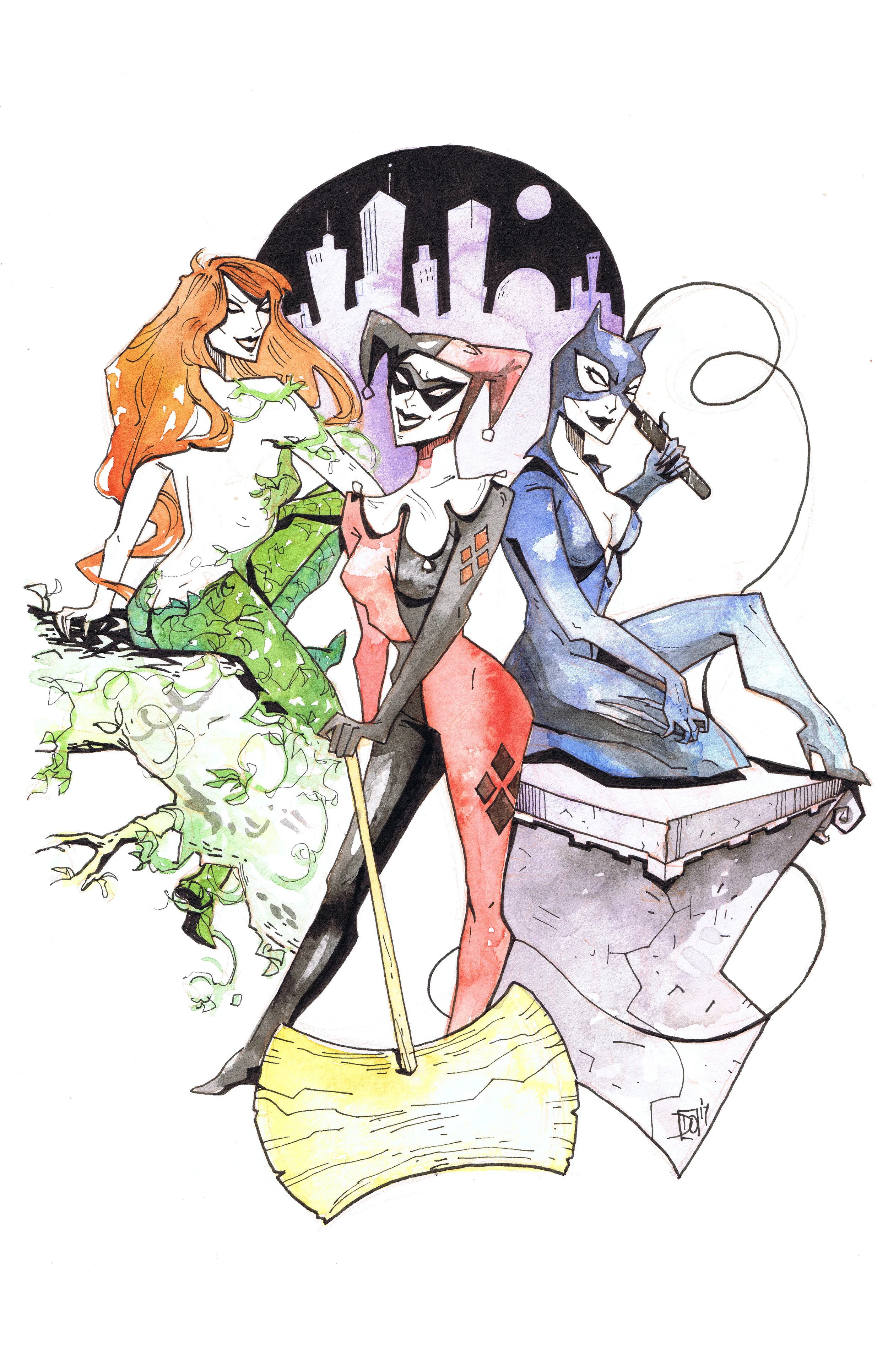 "Gotham City Sirens" Commission, Ink and Watercolor