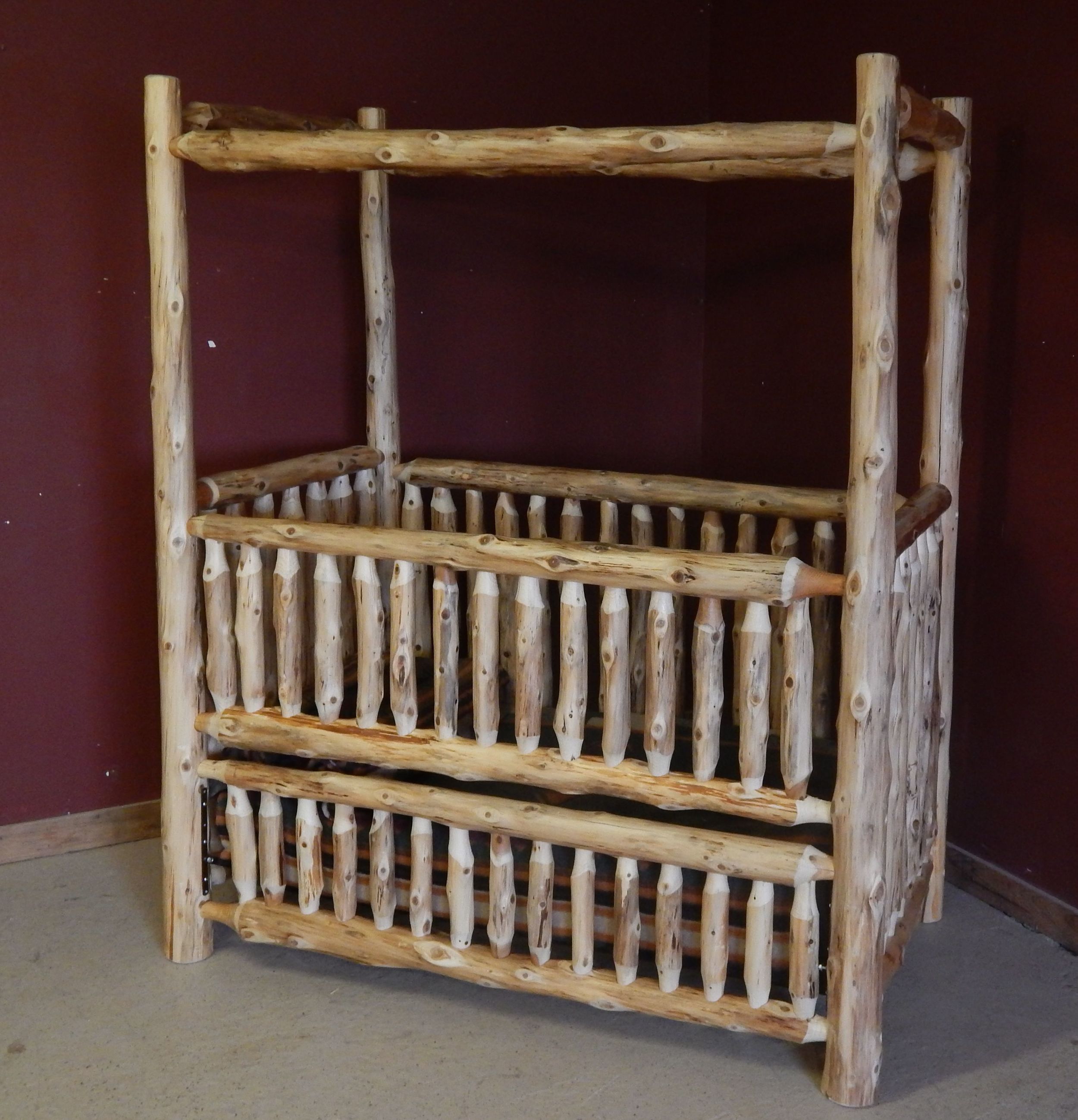Log Canopy Baby Crib converts to toddler bed/full bed