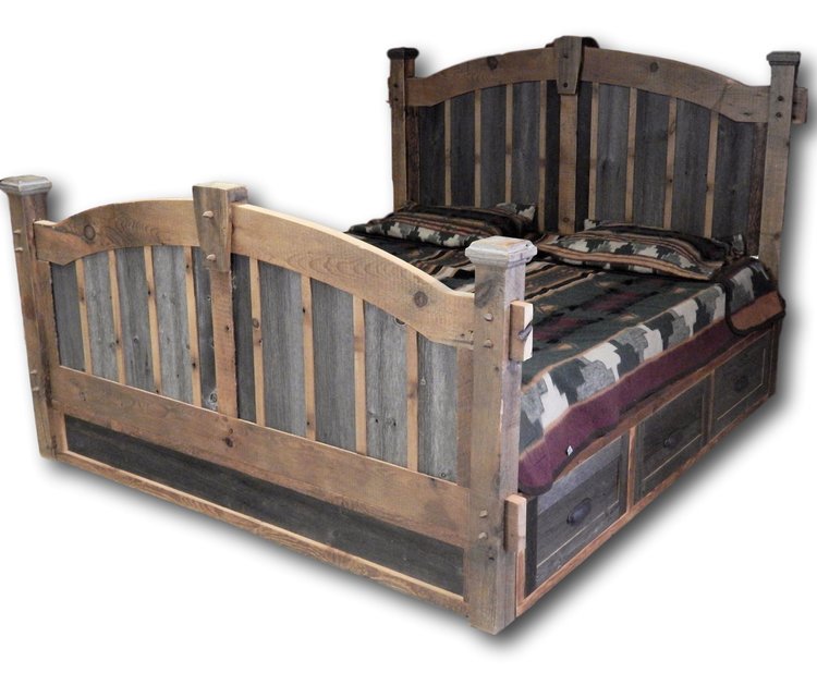 Arched Gray And Brown Platform Bed With Drawers