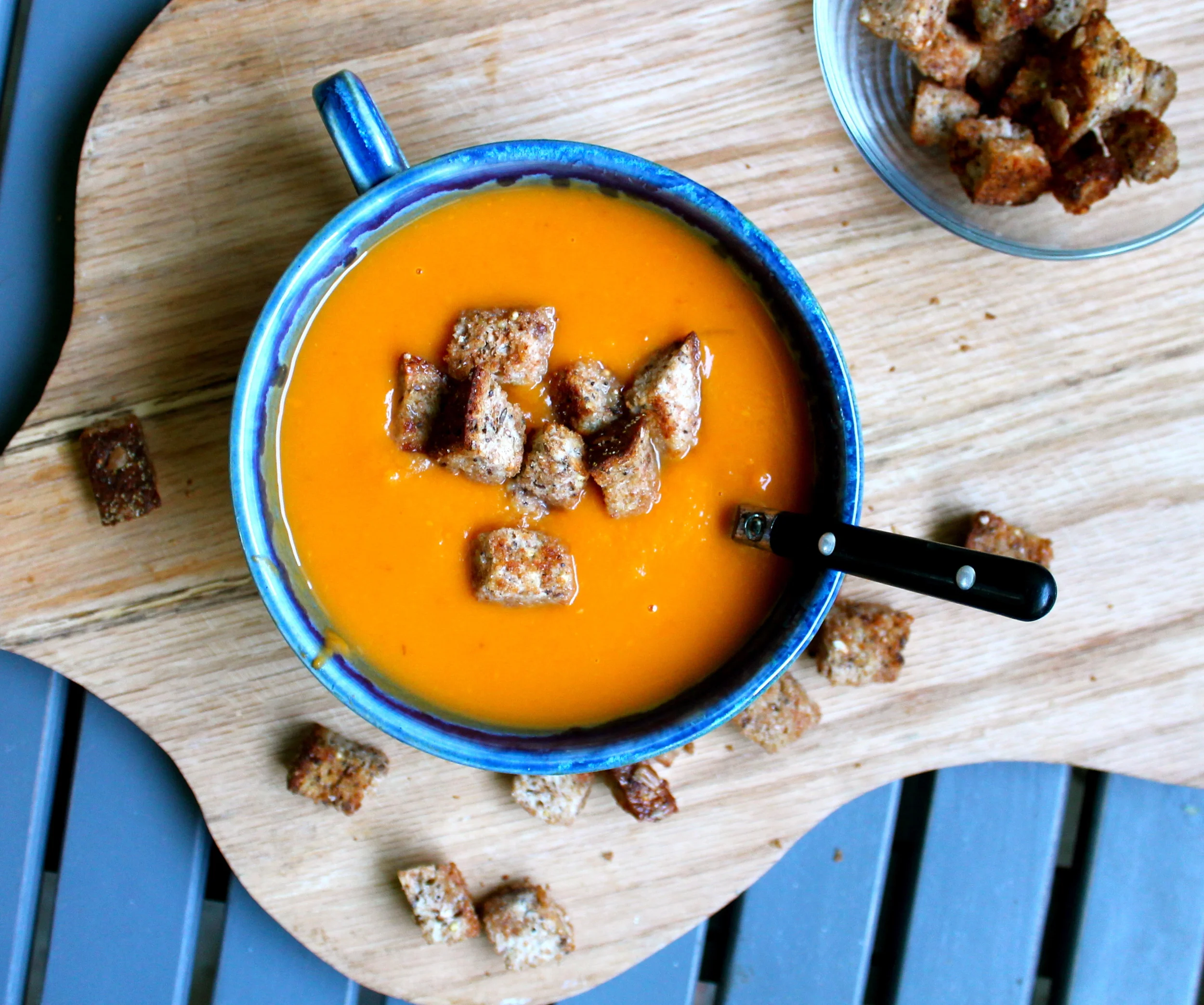 Vanilla Scented Sweet Potato Bisque with Cinnamon Sugar Croutons