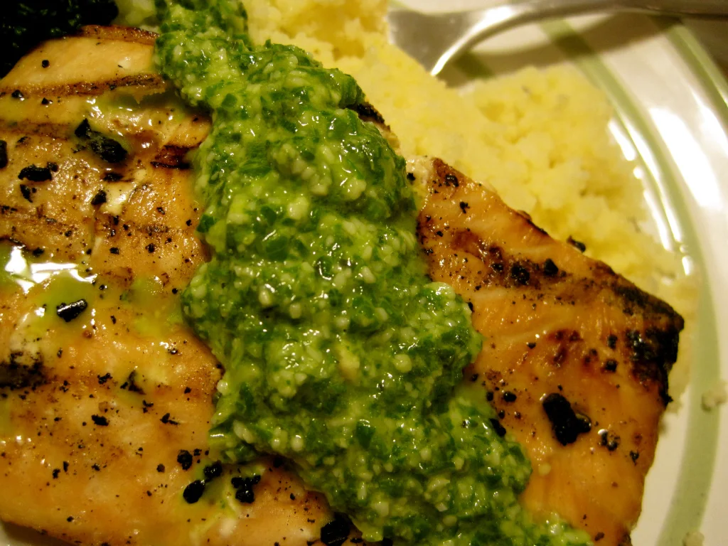 Super Quick Lemon-Basil Pesto with Salmon, Couscous, and Steamed Broccoli