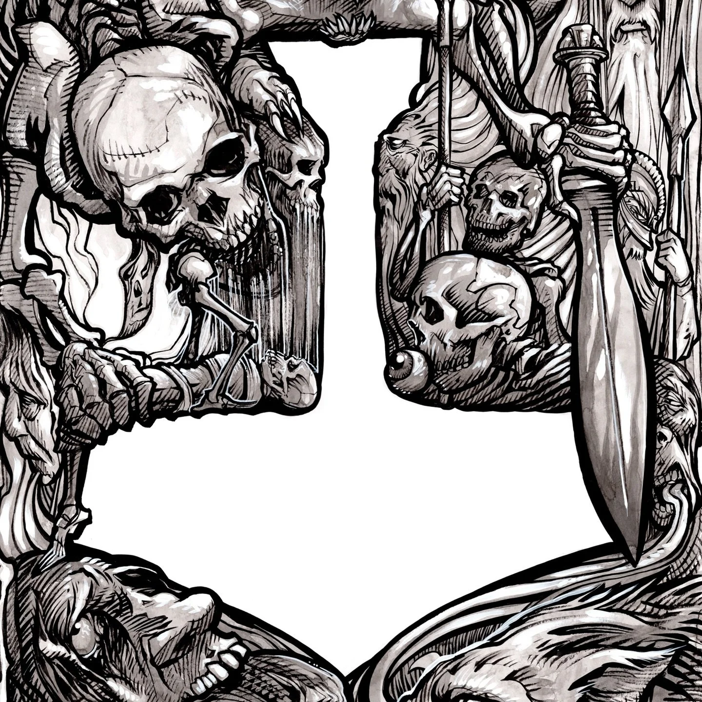 Thor threatens to send Loki &ldquo;Down to the Gate of Death,&rdquo; in verse 63 of the &ldquo;Lokasenna.&rdquo; This ink drawing is inspired by that ancient Old Norse poem. Currently on Kickstarter, link in profile.