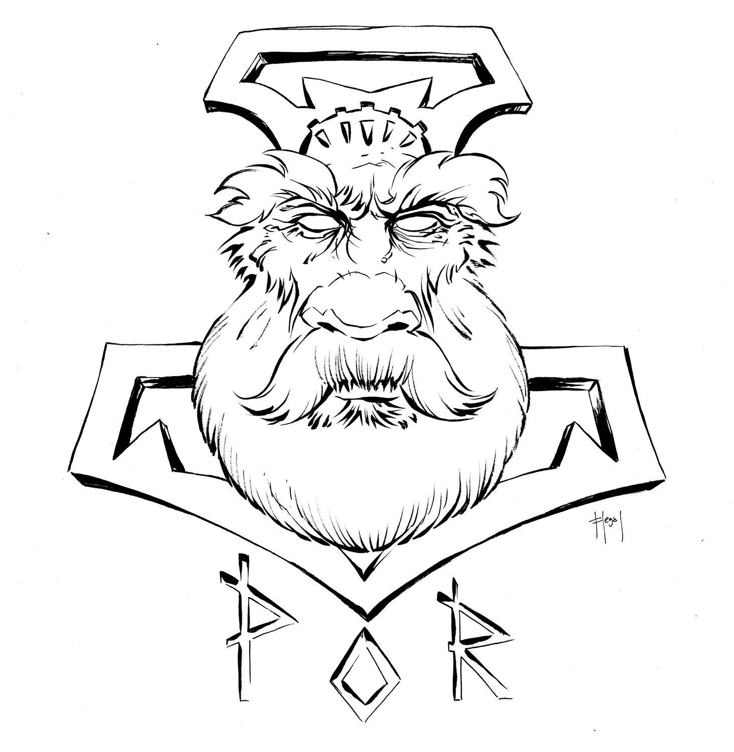 Thor's Hammer with Face - Original Ink Drawing