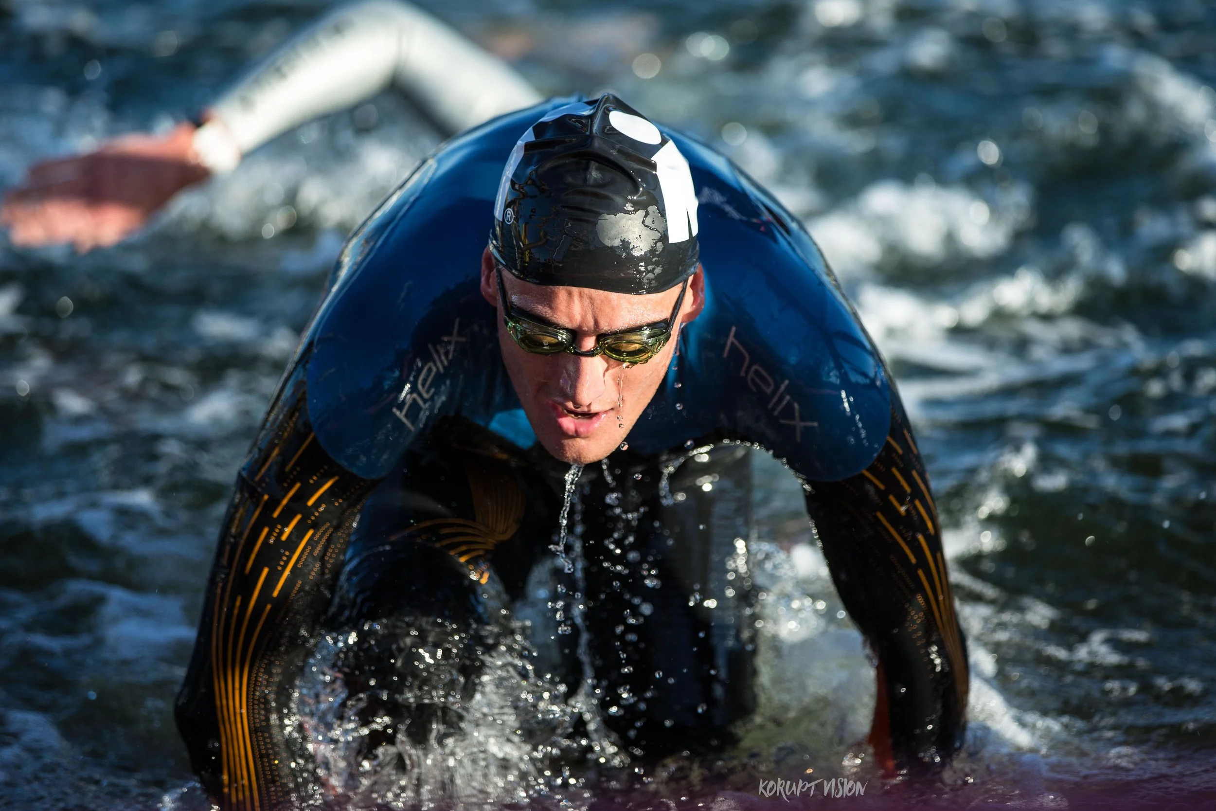 Clayton Fettell leads the swim at Ironman Australia