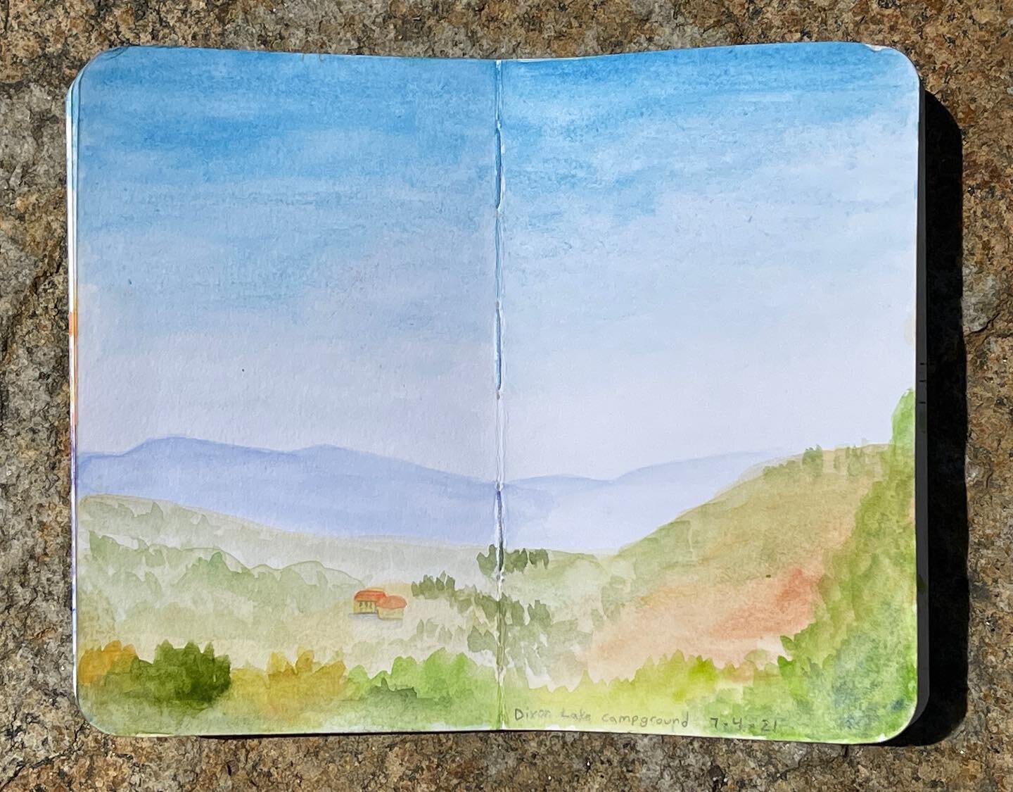 Another one of the view from the campsite but in the afternoon.  Happy Independence Day! 🇺🇸

#californialandscape #landscape #landscapepainting #watercolor #watercolorpainting #worldwatercolormonth #dixonlake #california #usa #art #camping