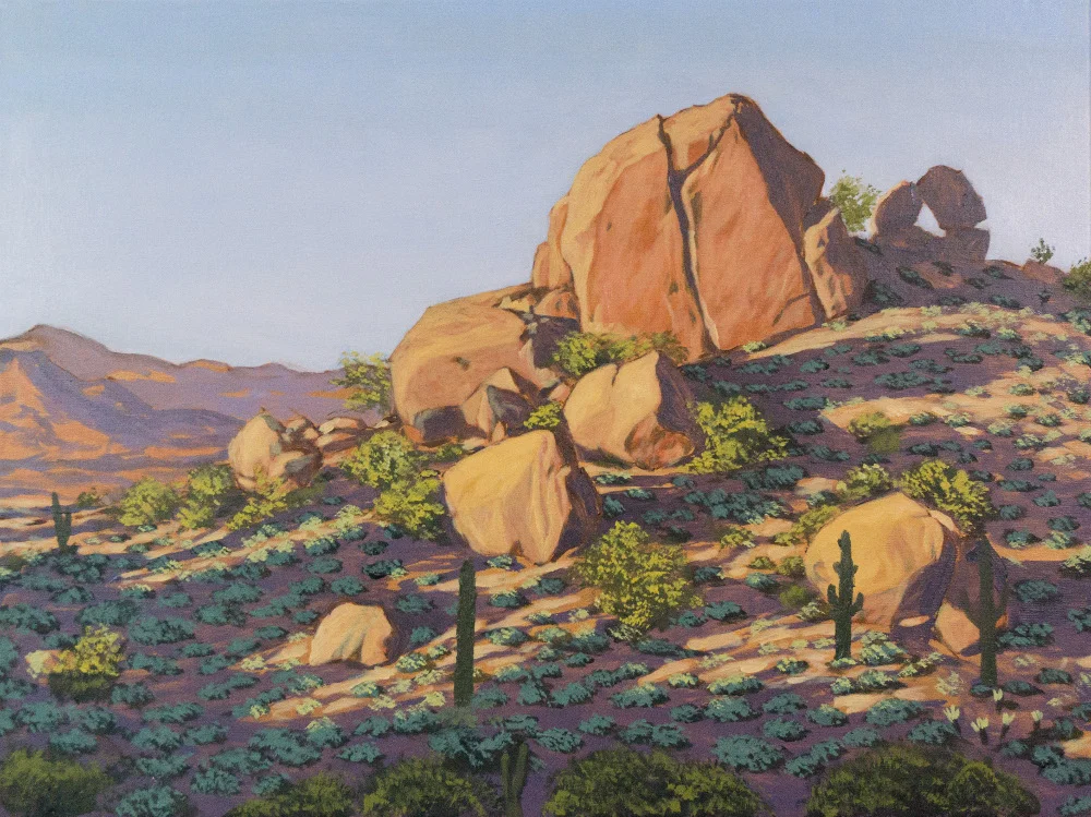 Then the the highlights on the bushes are painted, along with the silhouette of the saguaros.&nbsp;