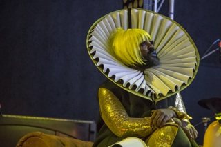 neoprene Elizabethan inspired cloak for launch of FOREVER NOW by Aphids