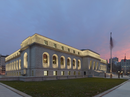 From left: Exterior view of Central Library showing the magnificent new exterior lighting and the new atrium lobby