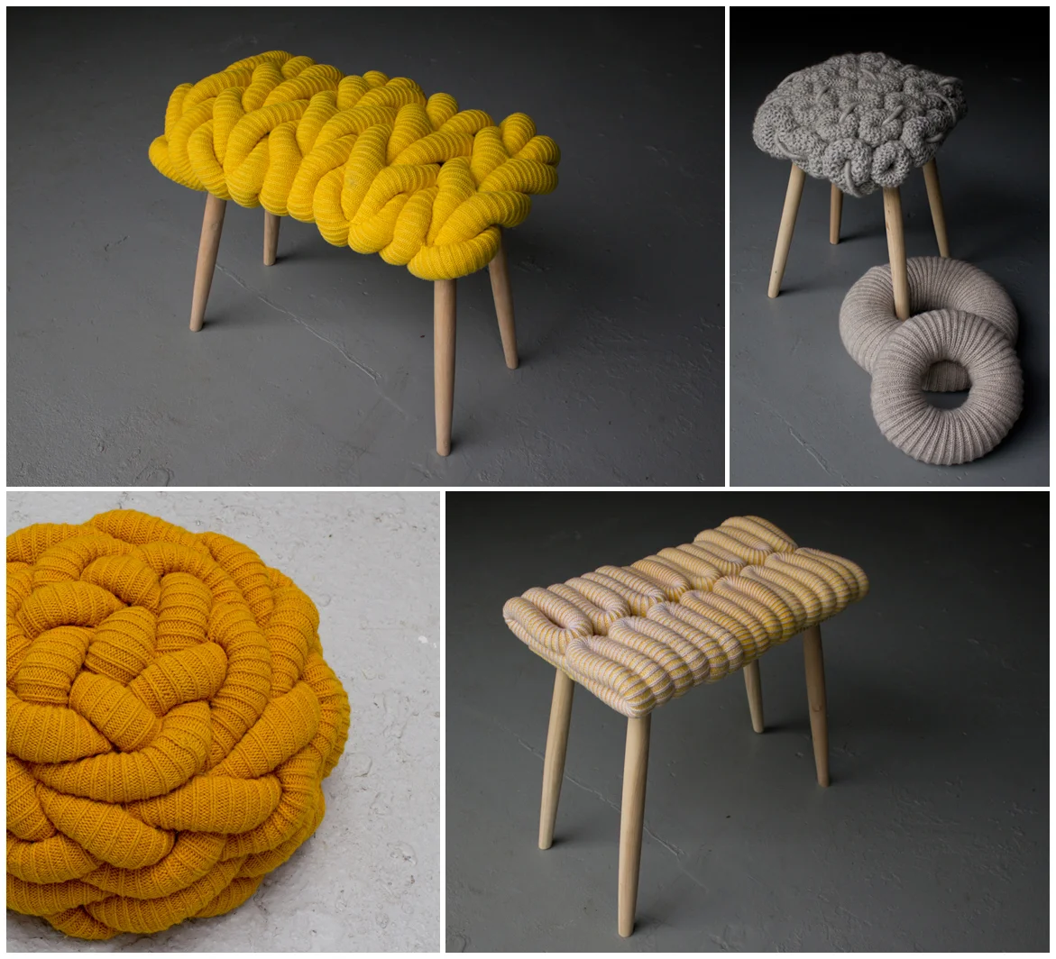 Claire-Anne O´Brian - Stricken Die Hocker von Claire-Anne O´Brian bezaubern durch ihren skulpturalen Charakter. Inspiriert durch das Stricken selbst, entwirft sieihre Hocker mit überdimensionalen skulpturalen Mustern, die aus Schaf- und Lammwolle bestehen, teils handgestrickt, teils ma- schinengestrickt. Claire-Anne O´Brian ist eine Textildesignerin, die sich auf das Stricken spezialisiert hat, in Iralnd geboren absol- vierte sie 2010 das Royal College of Art mit einem Master in Textil. Momentan arbeitet sie in London.