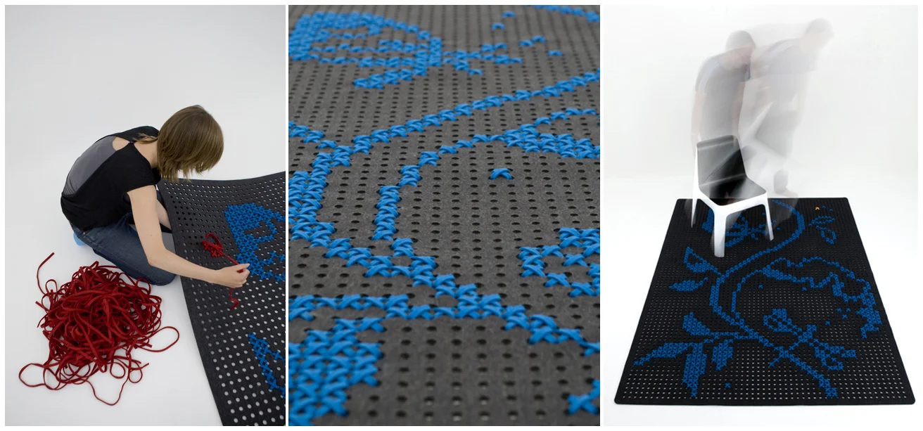 Charlotte Lancelot - Sticken Charlotte Lancelot gestaltet ihren Teppich mit Kreuzstichmotiven, die direkt in denLochfilz gestickt werden. Der Faden besteht ebenfalls aus schmalen Filzstreifen. Alle Teppiche werden handgestickt in ihrem Atelier in Brüssel, Belgien. Charlotte Lancelot absolvierte ihren Master an der ENSAV La Cambre in Brüssel im Bereich Industrial Design.