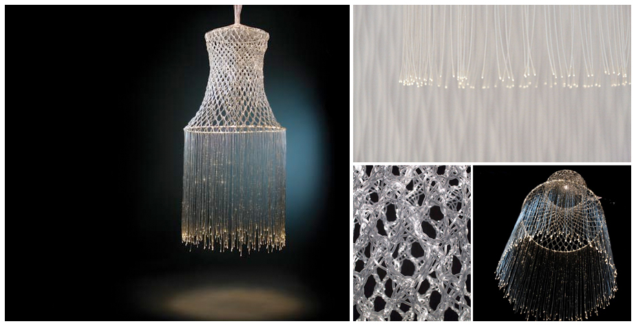 Nils van Eijk - Knoten Niels van Eijk studierte an der Design Academy in Eindhoven in den Niederlande "Man and Living" beiGijs Bakker. Er machte seinen Abschluss im Jahr 1997. Zusammen mit Miriam van der Lubbe hat er momentan ein Designstudio in Geldrop, Niederlande. Sein Ansatz für die "Bobbin Lace Lamp" war es, eine Lampe ohne Glühbirne zu entwickeln. Sie sollte aus sich selbst heraus leuchten und genau das hat er mit der Bobbin Lace Lamp geschafft. Sie besteht aus Glasfaserkabel, jedes einzelne dieser Kabel besteht aus 400 Filamenten. Er verknotet sie in einer traditionellen Technik zur Spitzenherstellung, An den Knotenpunkten bricht das Glasfaserkabel und das Licht tritt aus. Viele tausende dieser Bruchstellen ergeben das Licht dieser Lampe. Bei dem Verstehen und Erlernen der Technik zur Spitzenherstellung half ihm sein 85-jähriger Nachbar.