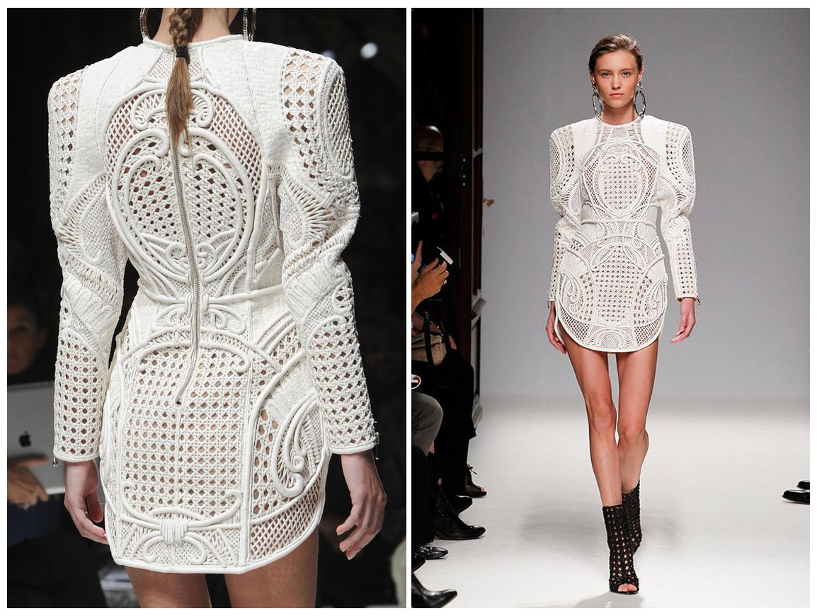 Flechtmusterkleid Balmain Dieses Kleid spielt virtuos mit verscheidensten Flechttechniken und bezaubert durch seinen sexy Schnitt, die vielen Details und das er so garnicht aussieht wie ein Cafehaus-Stuhl. Entstanden ist er im Haus Balmain , wo er SS 2013 auf dem Catwalk zu sehen war.