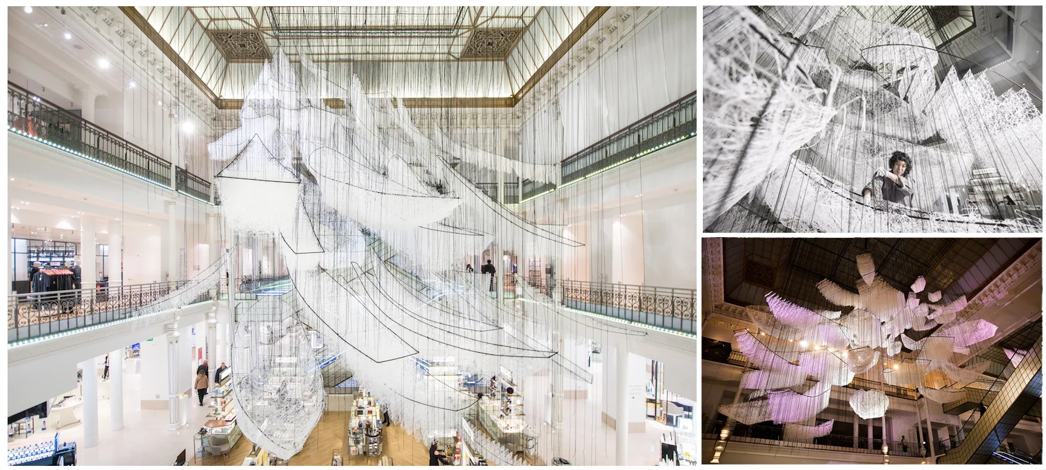 Chiharu Shiota im Le Bon Marche Die in Japan geborene und in Berlin lebende Künstlerin Chiharu Shiota lässt uns über ihre bezaubernde Installation "Where are we going?" im Pariser Kaufhaus Le Bon Marché staunen. Sie verspinnt fast 275 km weißes Garn zu losen, fast schon vliesartigen Skulpturen, die uns an Boote erinnern. Chiharo Shiota ist in Osaka, Japan geboren und studierte Kunst erst in Kyoto, später in Hamburg, Braunschweig und Berlin. Ganz persönliche Themen, wie Erinnerung, Angst oder Heimat verarbeitet sie intuitiv in ihren Installationen. Wohin führen uns diese Boote ? Sie wirken zum einen poetisch und zerbrechlich und können uns doch in eine ungewisse Richtung führen. Sehenswert auch der kleine Film zu ihrer Arbeit.