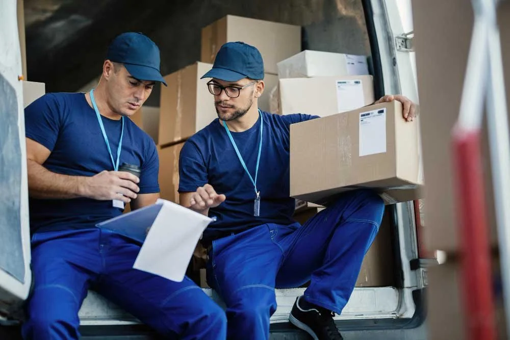 Two delivery workers, dressed in blue uniforms and hats, sitting in the back of a delivery van. One is holding a coffee cup and looking at a clipboard, while the other is holding a cardboard box and gesturing toward the clipboard, with several boxes and packages around them.