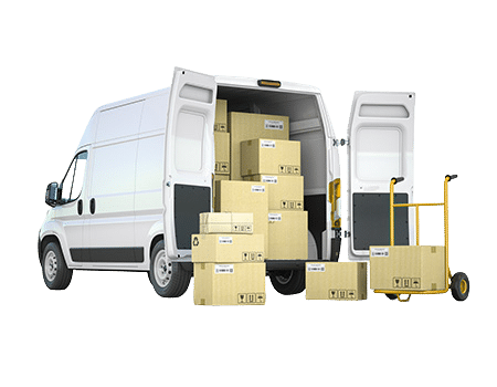 A white delivery van with its rear doors open, filled with cardboard boxes, with boxes and a hand truck outside.