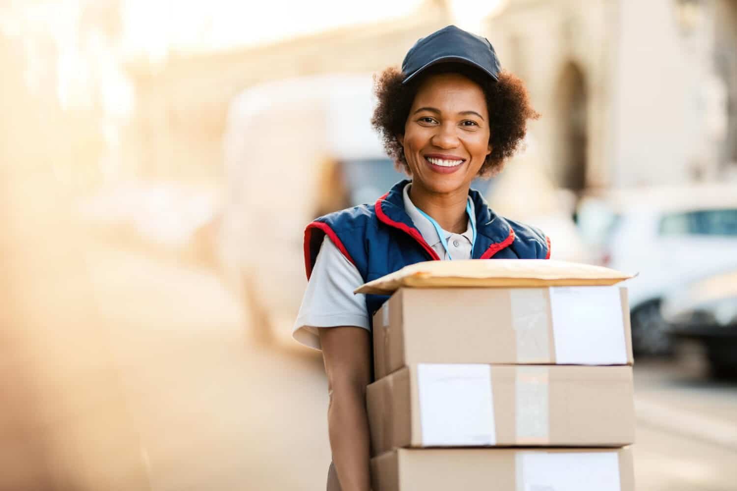 A woman smiling while holding three cardboard boxes stacked on top of each other, walking outdoors.