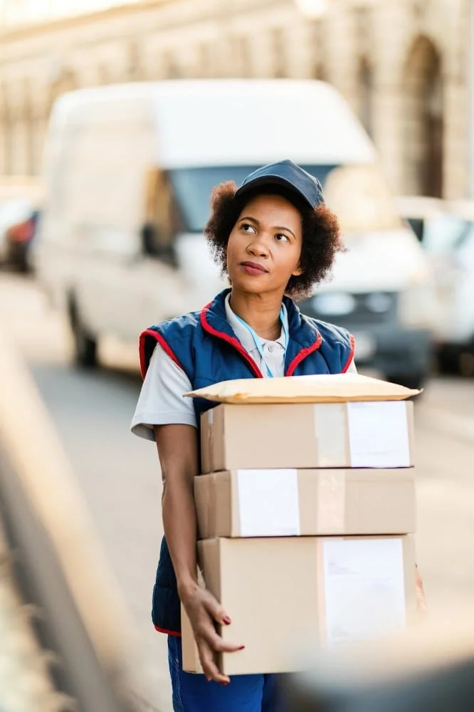A woman delivering packages on a city street, holding three cardboard boxes.