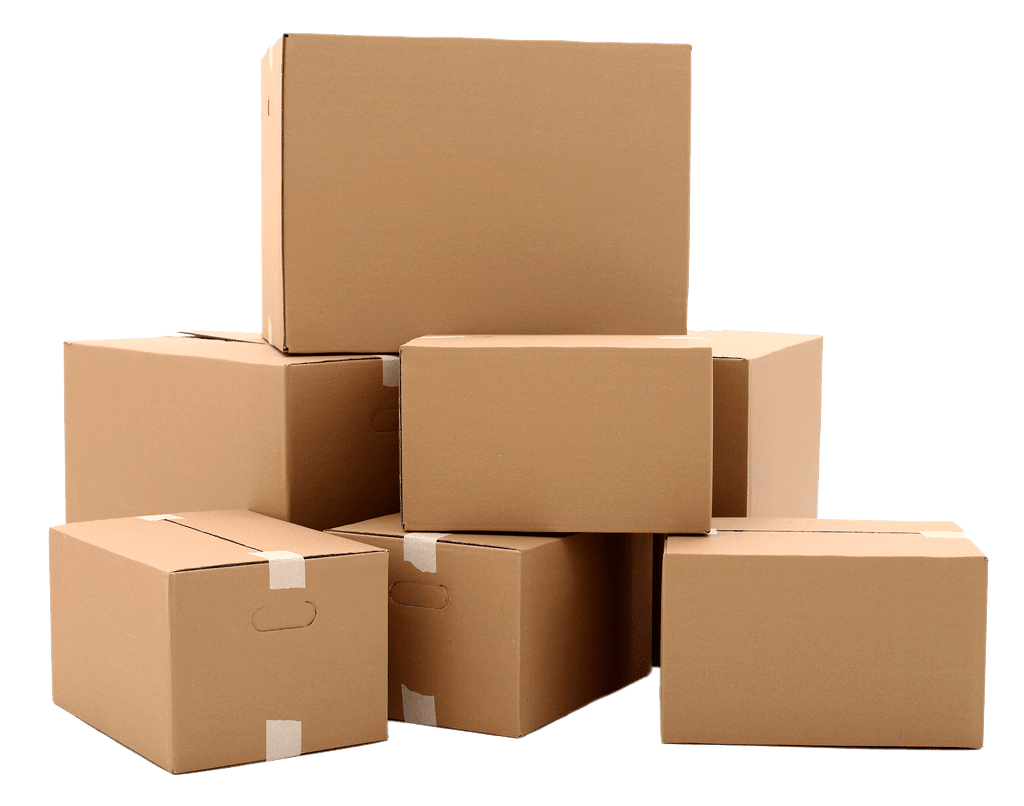 Stack of seven cardboard boxes against a black background