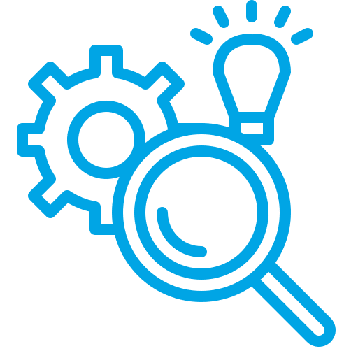 Icon of gears, a magnifying glass, and a light bulb, representing engineering and innovation.