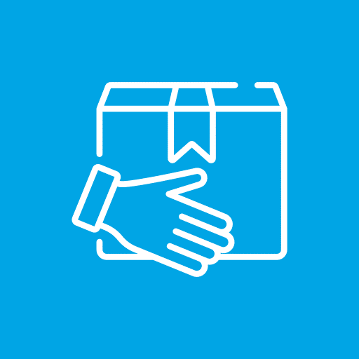 Icon of a hand pushing a cardboard box with a shipping label on a blue background.