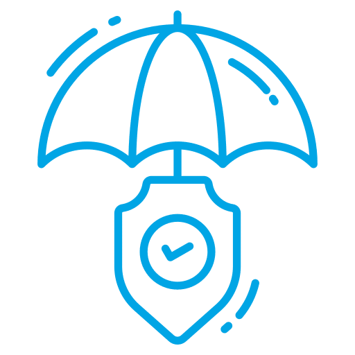 Outline of an umbrella with a shield and a checkmark inside it.