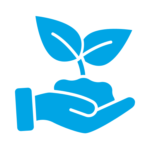 A blue hand holding a small plant with two leaves.