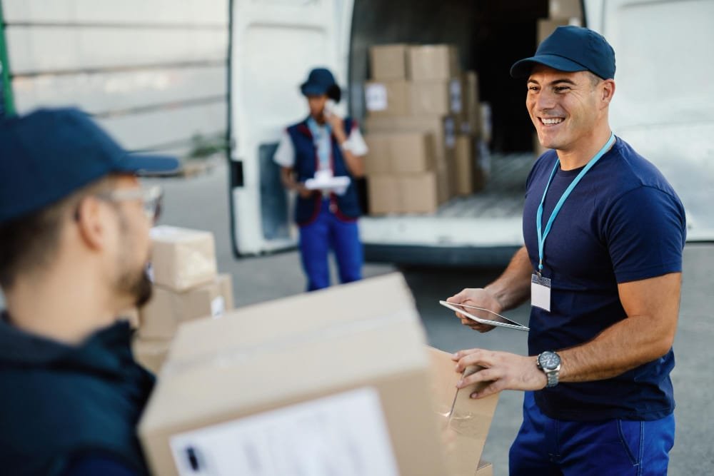 A smiling man in a blue shirt and cap unloading boxes from a truck, with other workers in the background.