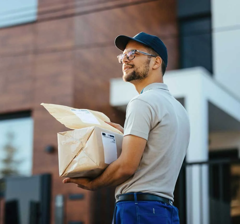 A smiling delivery person wearing glasses, a navy cap, and a light-colored polo shirt, holding two packages in front of a modern building.