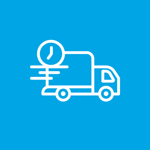 Icon of a delivery truck with a clock, indicating rush or quick delivery, on a blue background.