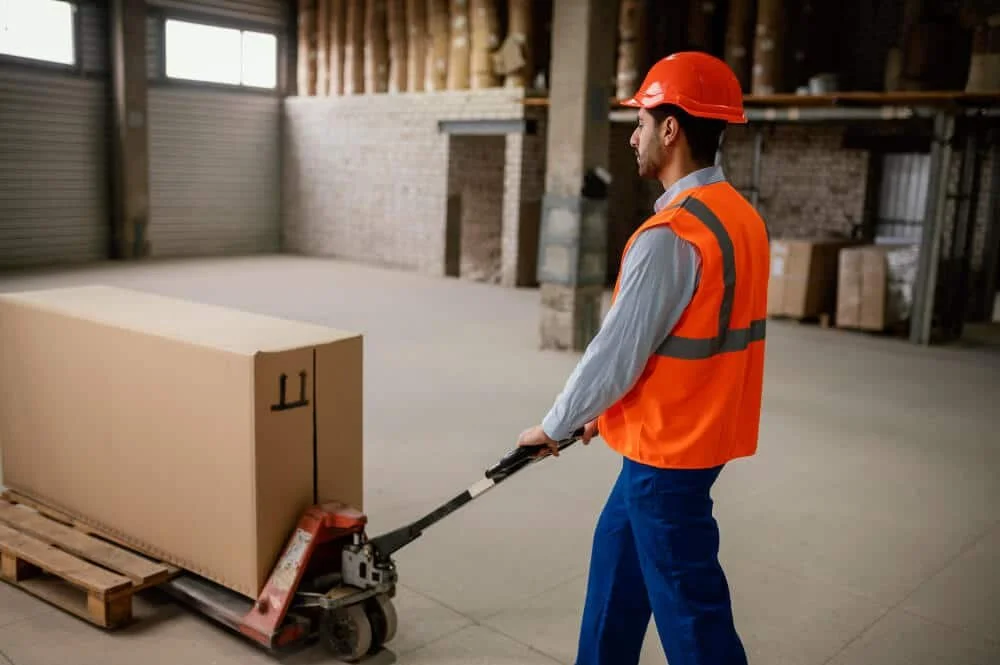 A man in a red safety helmet and orange safety vest operates a pallet jack to move a cardboard box inside a warehouse.