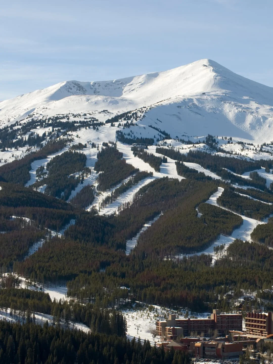 Snow-covered mountain with ski slopes and a forested hillside, and a resort at the base.