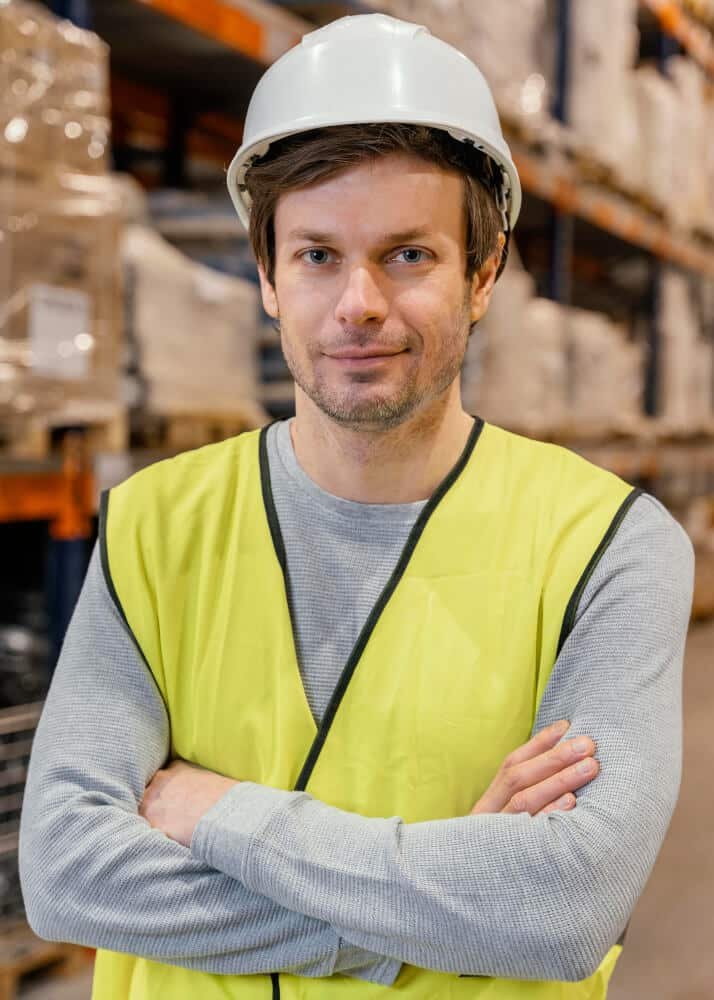 A man wearing a white hard hat and yellow safety vest standing with arms crossed in a warehouse