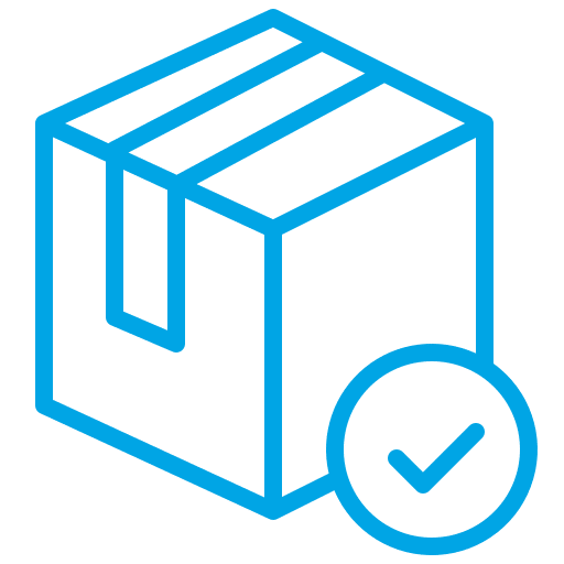 A blue icon of a cardboard box with a check mark inside a circle.