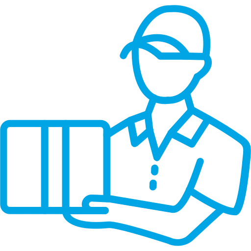 Outline of a delivery person wearing a cap and uniform, holding a package.