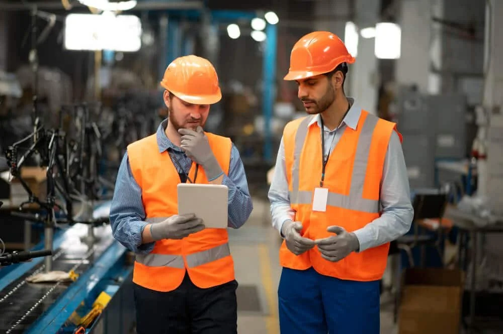 Two male workers wearing orange safety helmets, orange reflective vests, and gloves in a factory or warehouse setting. One worker is holding a tablet, and the other is holding a mobile phone, both examining something.