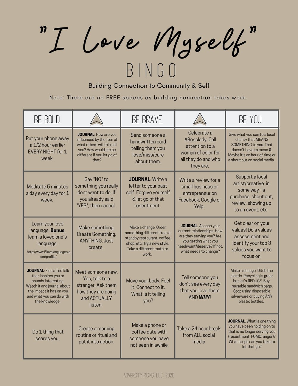 Verspilling De daadwerkelijke Oeps Self-Care Bingo DIGITAL Handout — Adversity Rising