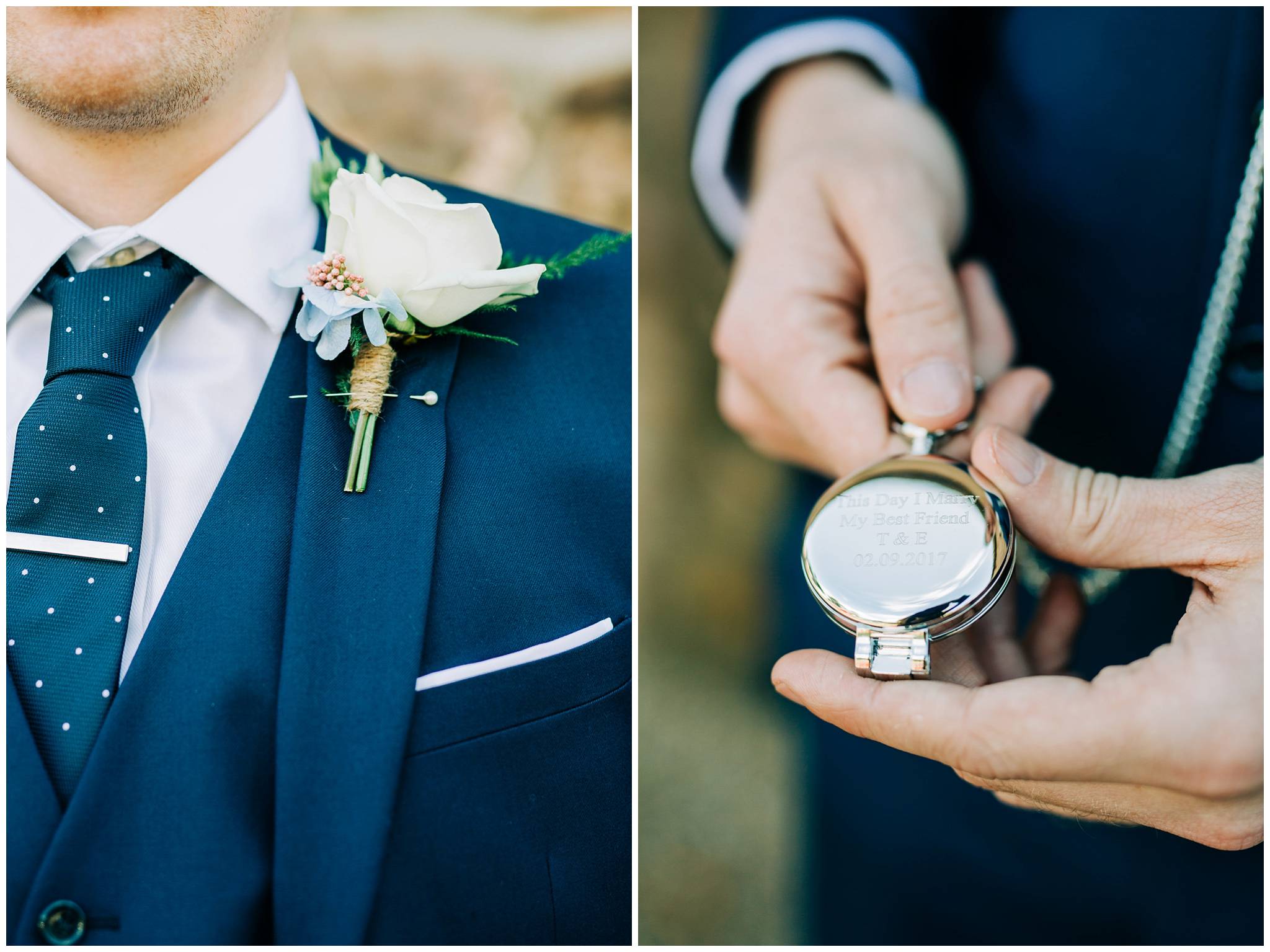 close up images of grooms white rose button hole and new inscribed pocket watch