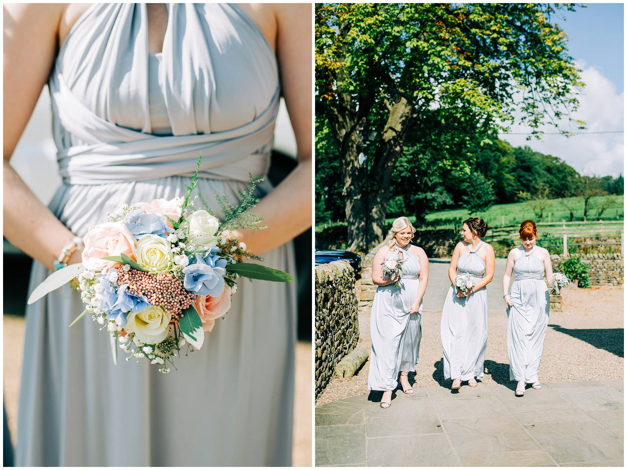 a detail shot of the bridesmaid bouquet and another image of 3 bridesmaids walking to browsholme barn