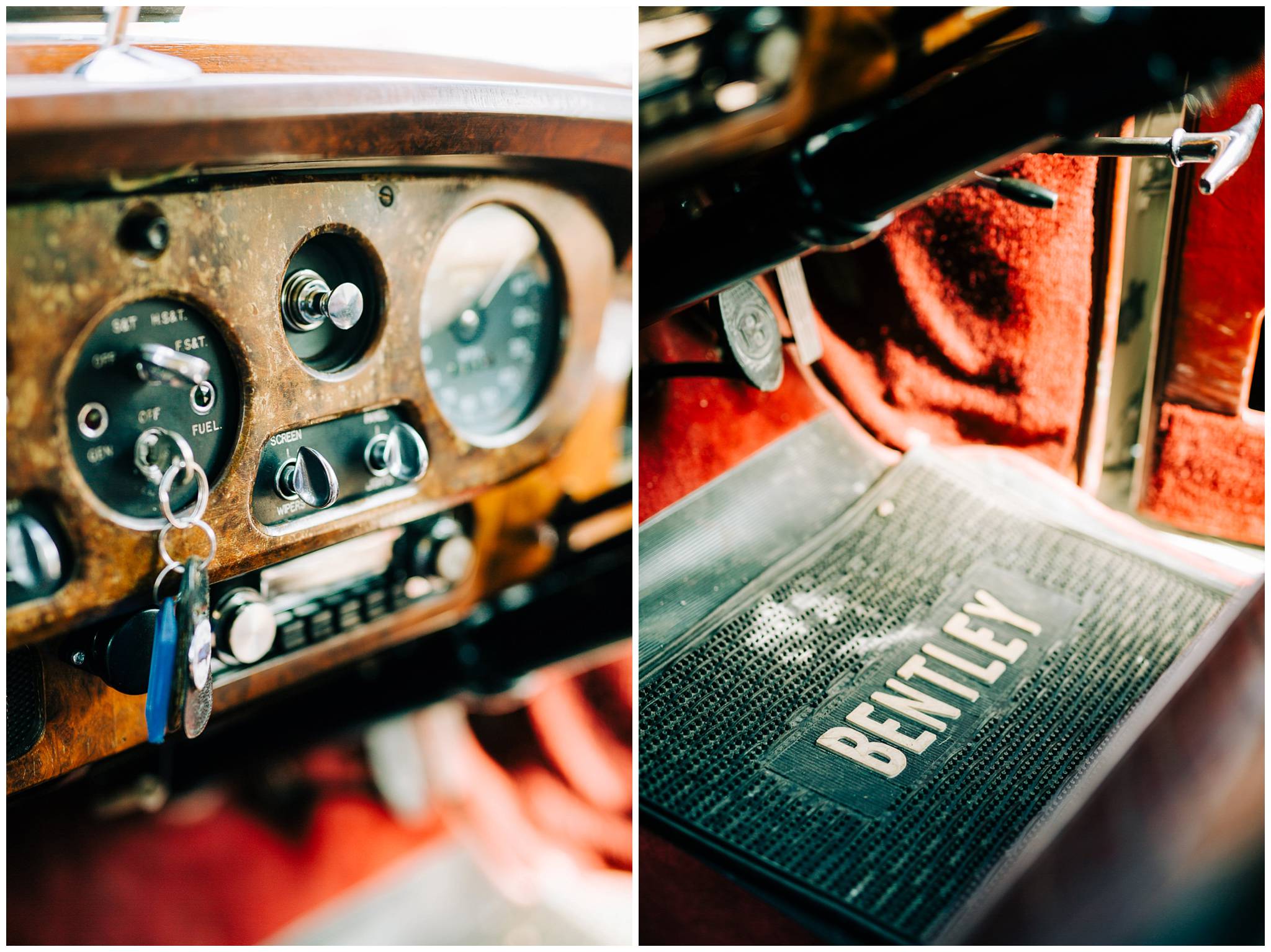 dashboard and car mats from a white vintage bentley