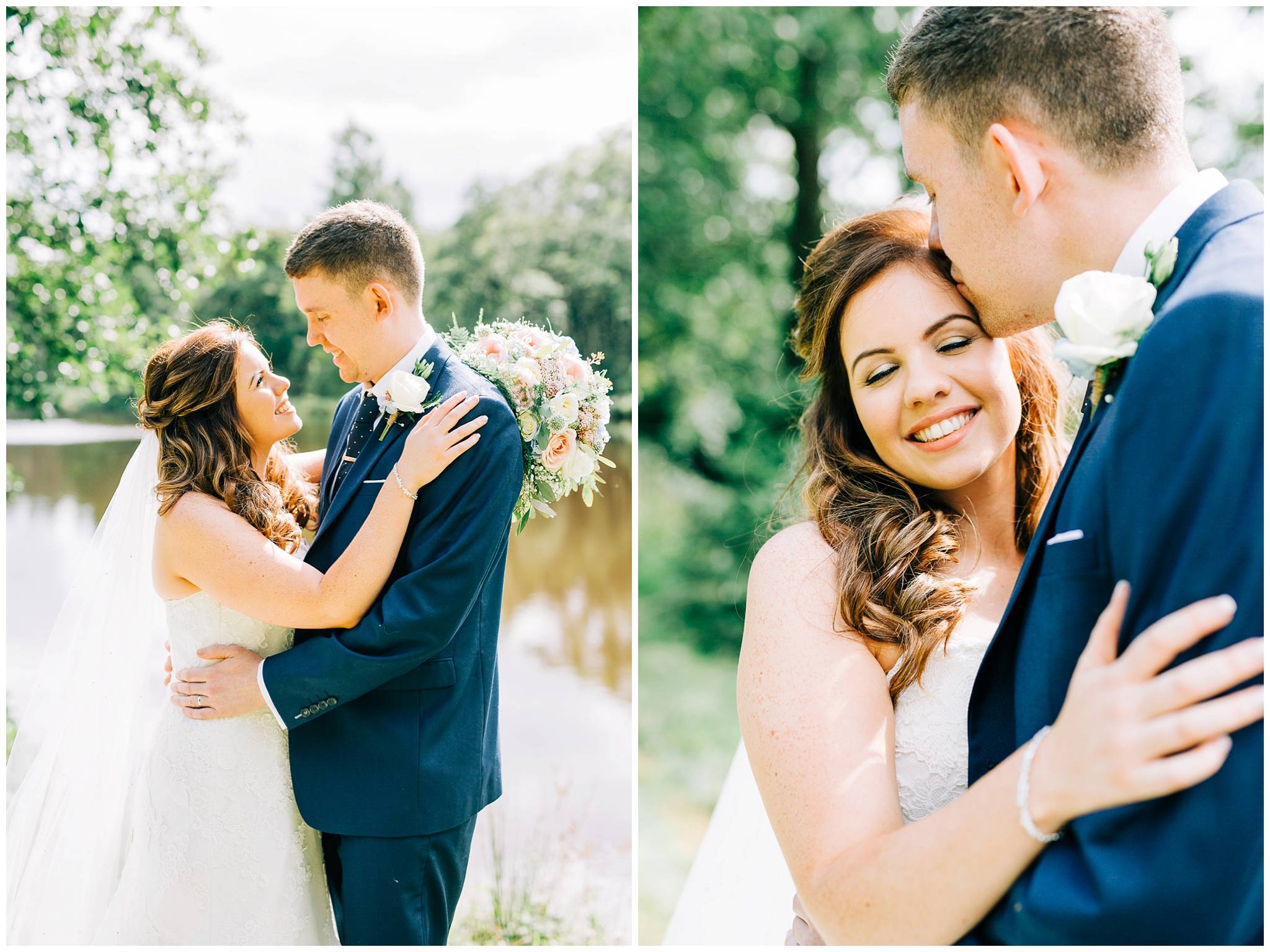 bride and groom cuddling closely lakeside at browsholme hall tithe barn