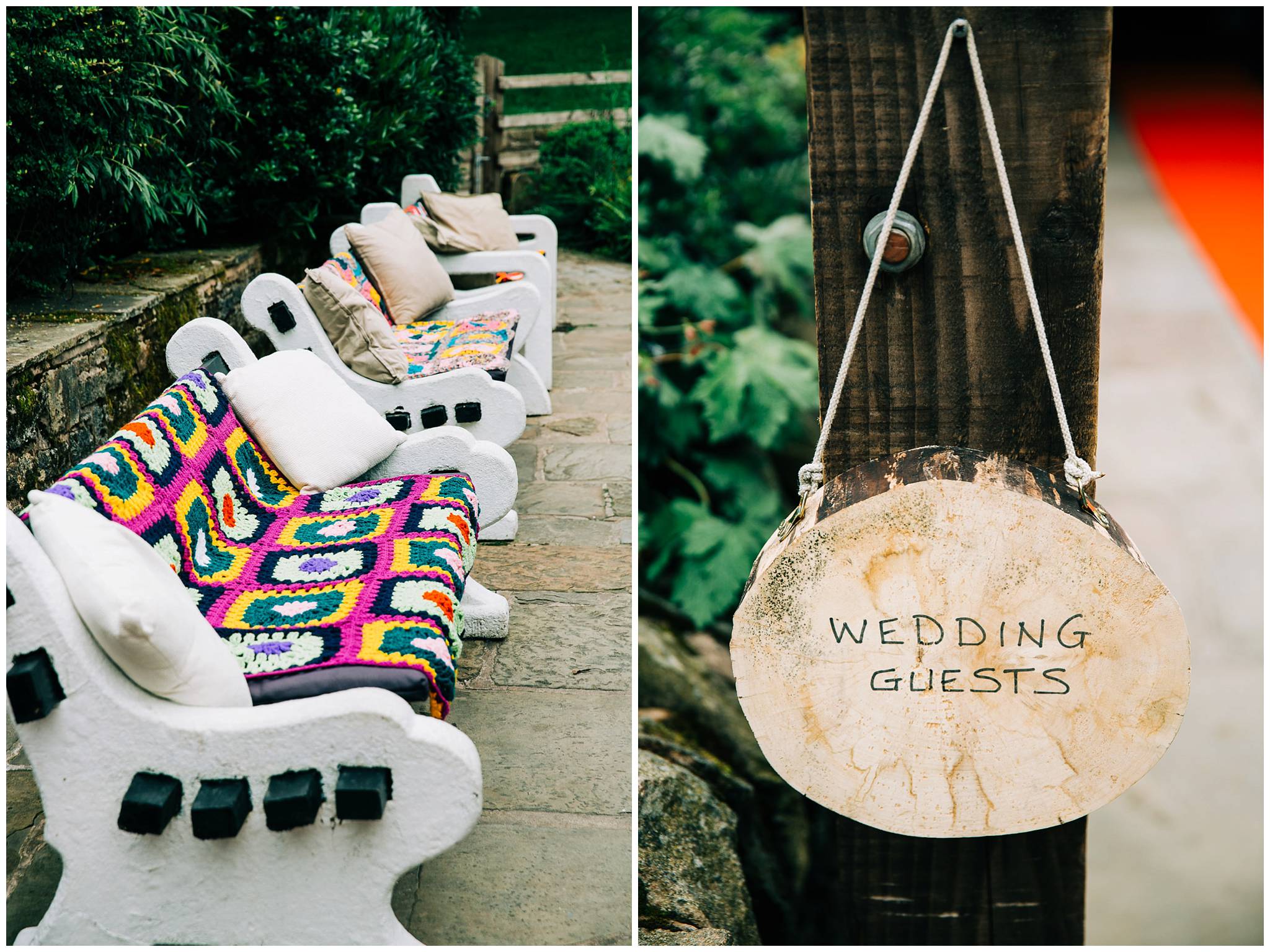 handmade crochet blankets on outdoor benches and a wooden wedding sign