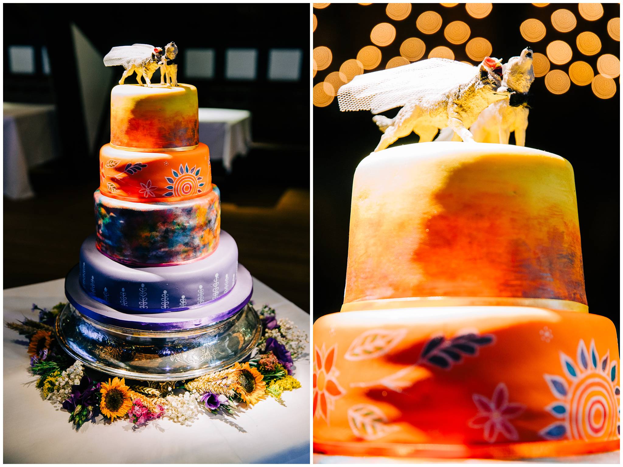 handpainted 4 tier wedding cake with wolves topper