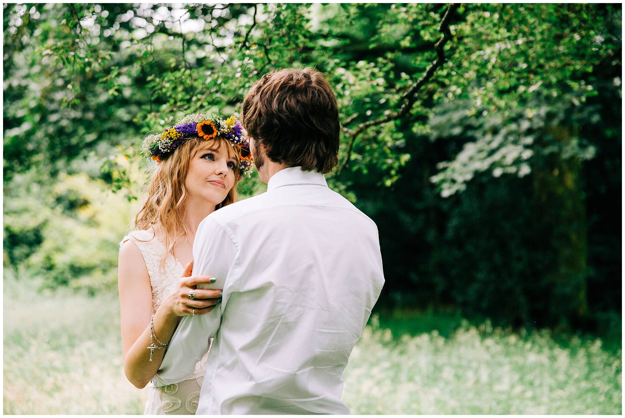 bride and groom looking into each others eyes