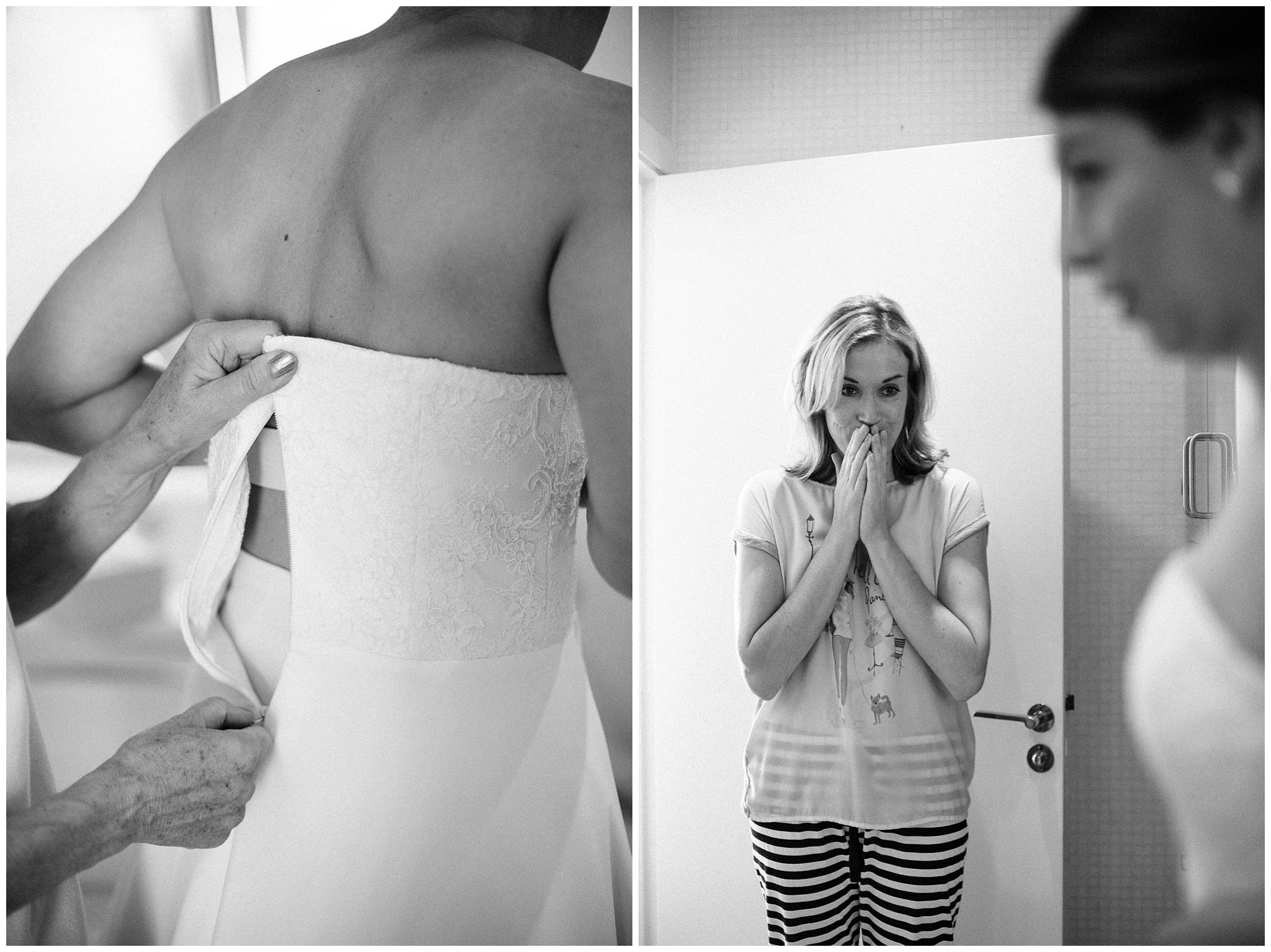mother of the bride zipping her dress up and the emotional reaction from her sister