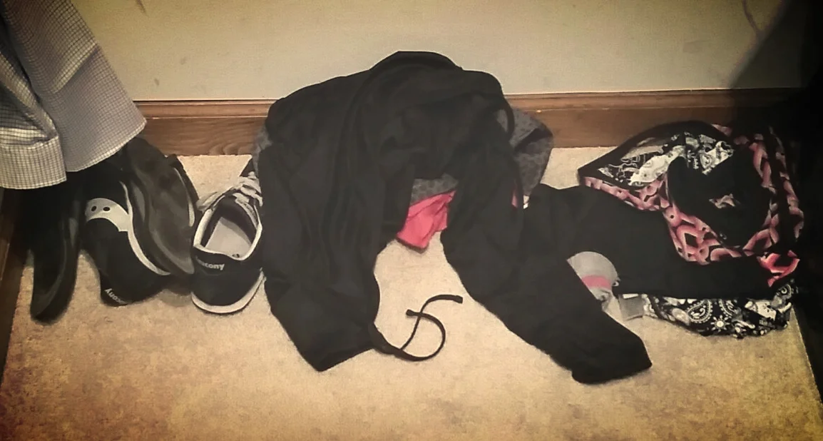 Most days, my transition looks like this: a bunch of black and pink clothes. This is swim > run > coffee transition.