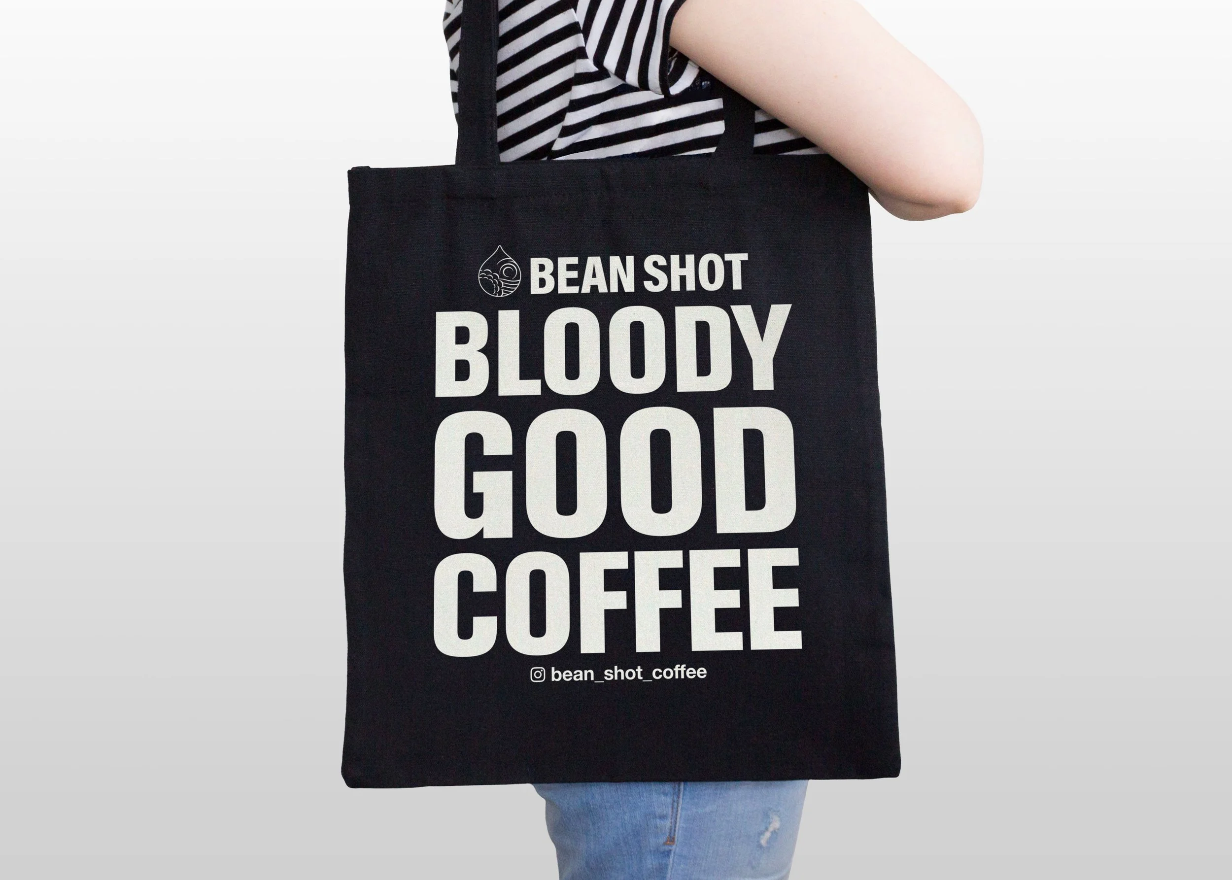 A Bean Shot Black and White Bloody Good Coffee Tote Bag.