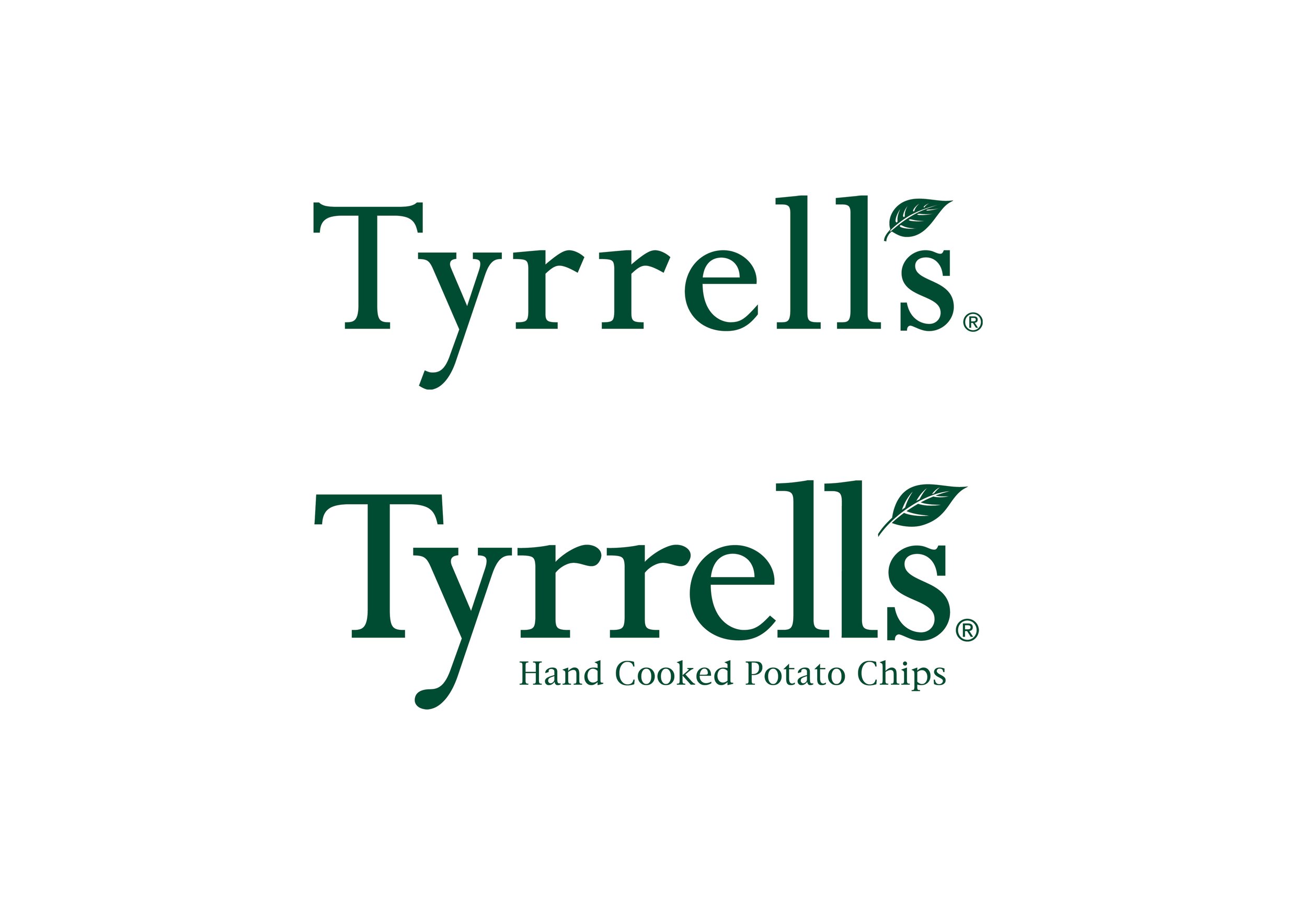 Tyrrell's logo - before and after - with a leaf design, and the text 'Hand Cooked Potato Chips' underneath.
